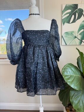 Sheer Black Puff Sleeve Mini Dress with Tiny Floral Print, Small